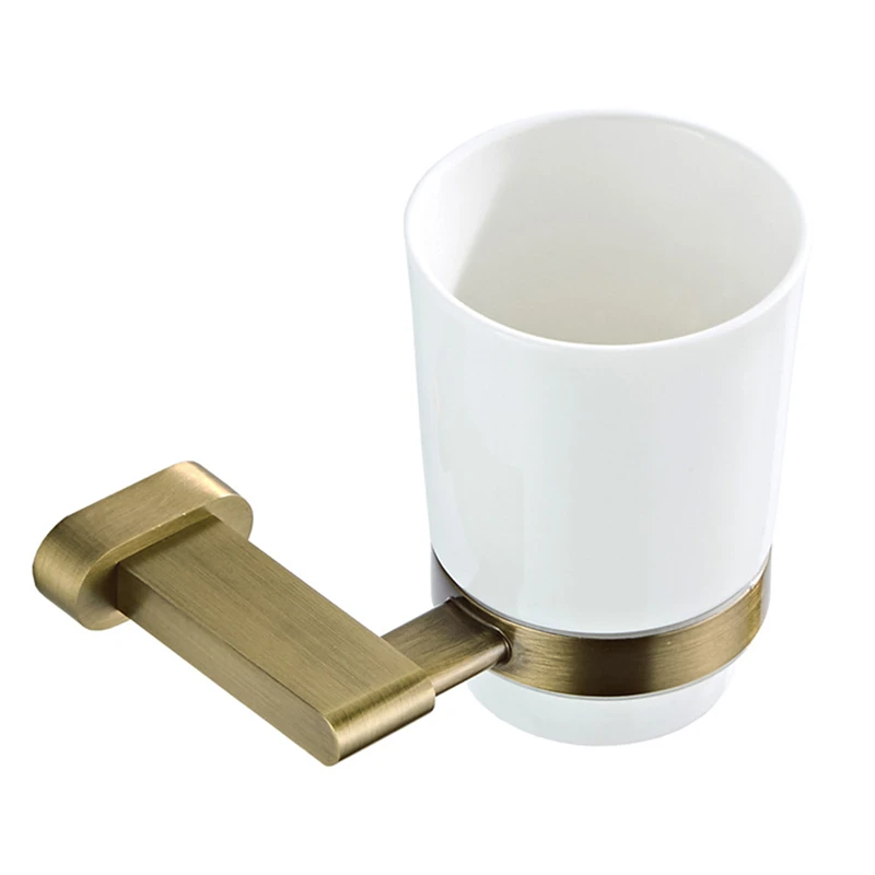 1PC New Oblate Brass White Ceramic Mouth Cup Wall-Mounted Single Cup Holder Gold/Silver/Antique Bathroom Shelf