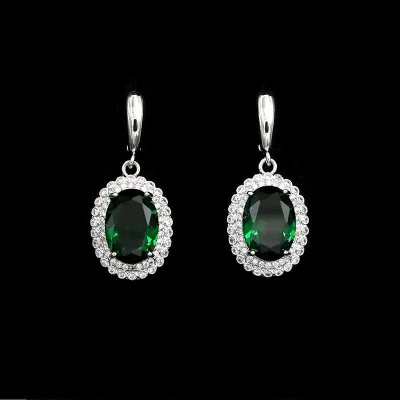 Silver 925 Earrings for Women Natural Green Cubic Zirconia White Crystal Round Stone Jewelry