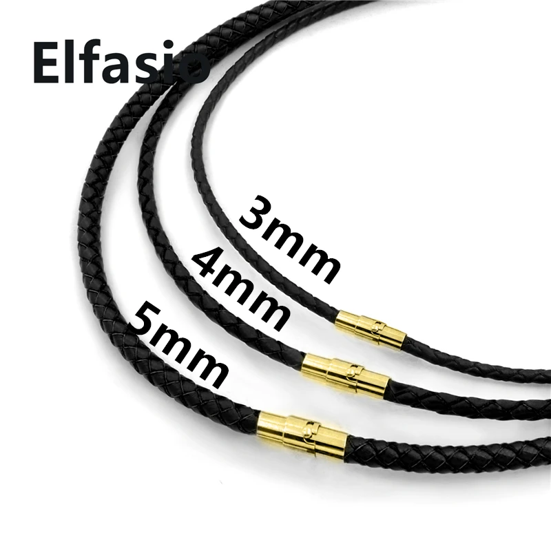 

3/4/5mm Black Genuine Braided Leather Cord Silver Gold Stainless Steel Lock Necklace jewelry 18"-32"