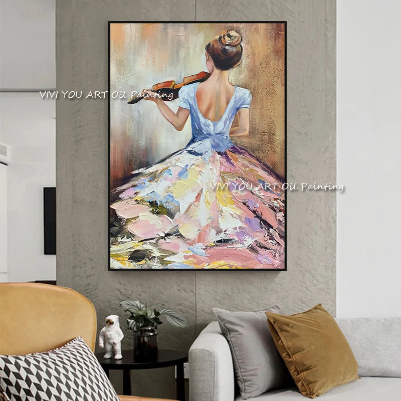 

Large Size Pretty Girls Violin Modern 100% Hand painted oil paintings wall pictures for living room cuadros decoration gift