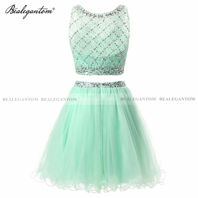 Bealegantom Twee Stukken Korte Cocktail Jurken 2021 Mini Kristallen Kralen Tulle Formele Prom Graduation Homecoming Party Gown CD108