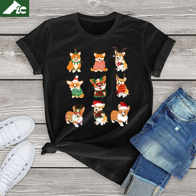 

100% Cotton Tops Funny Cute Santa Reindeer Corgi Christmas Corgi Lover Xmas TShirt Men Women Streetwear Oversized Female T Shirt