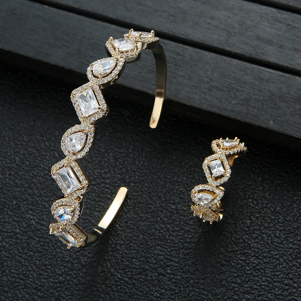 

HIBRIDE Luxury 2pcs Bracelet and Ring Set Geometric Design Micro Pave Cubic Zirconia Jewelry Sets for Women Bridal Wedding N-56