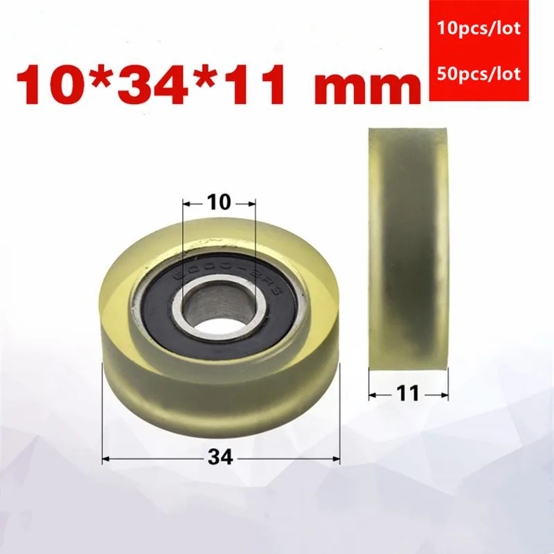 10pcs/50pcs 10*34*11mm polyurethane PU 6000 6000RS low noise roller bearing friction pulley soft rubber 10x34x11 mm