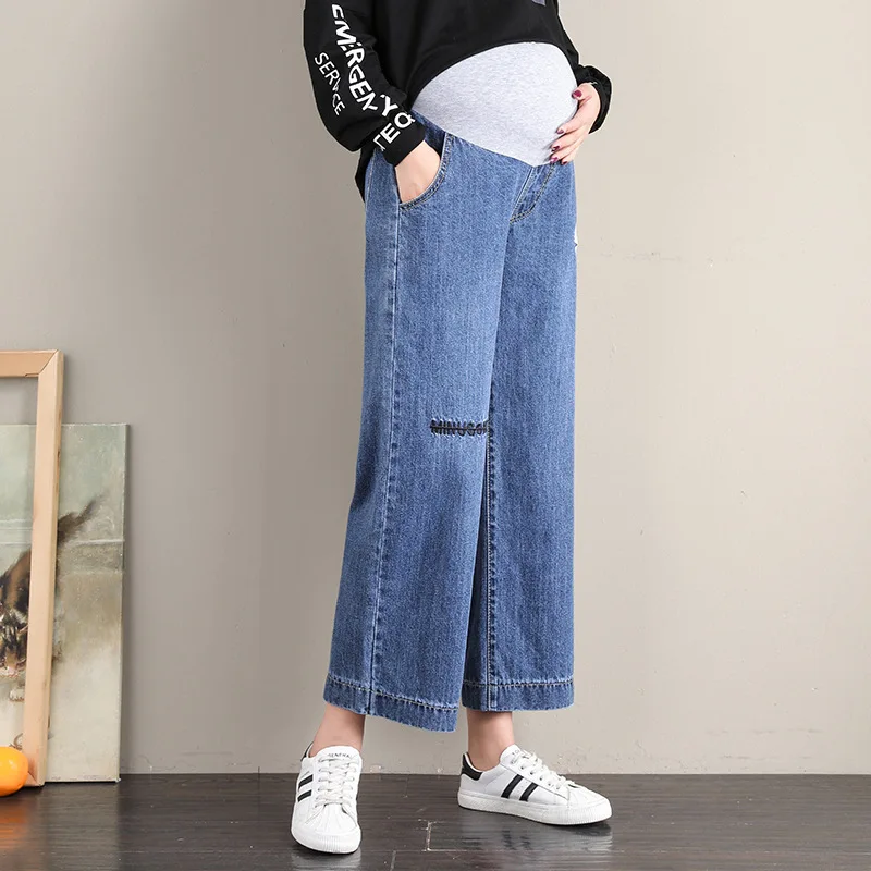 Washed Denim Loose Maternity Jeans Autumn New Fashion Pants for Pregnant Women Adjustable Belly Pregnancy Trousers