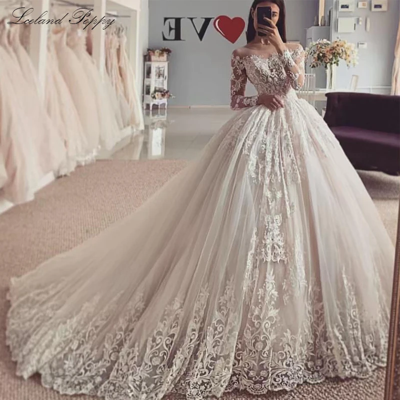 Lceland Poppy Customized Ball Gown Lace Apliques Wedding Dresses Scoop Neck Long Sleeves Floor Length Bridal Gowns