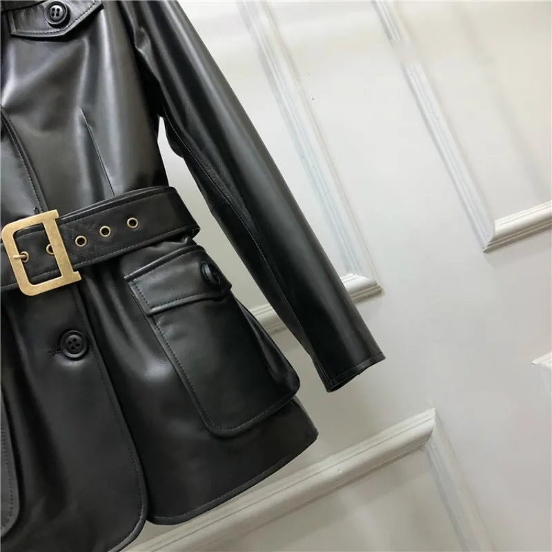 100% Genuine Leather Jacket Female Punk Short Coat Biker Pocket Slim Fit Sashes Windbreakers Office Classic Sheepskin Outerwear