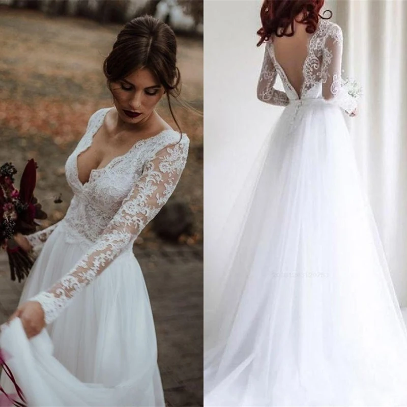 Wedding Dresses Sweet Fashion Bride Floor Length Applique Sexy Open Back Lace Long Sleeve  Wedding Dresses