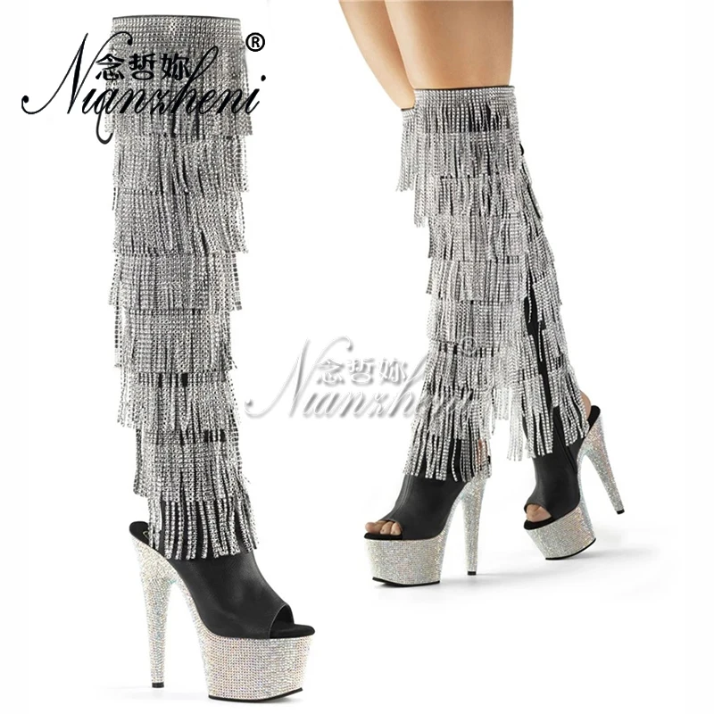 Gold Gothic Stripper Heels Over The Knee Boots 7Inch Fringe Rhinestone High Heels Exotic Dancer 17cm Over The Knee Boots Catwalk