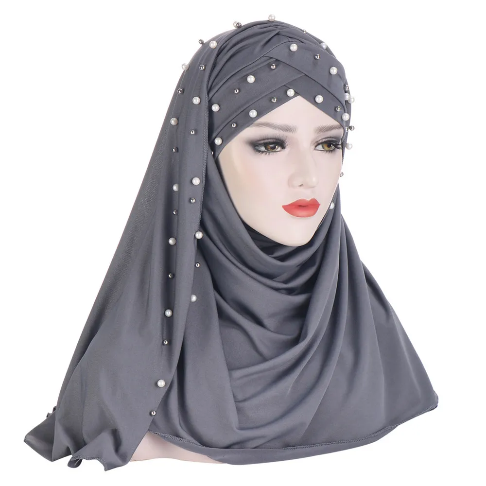 

One Piece Amira Muslim Women Hijab Turban Beads Head Scarf Wrap Shawl Islamic Headscarf Pull On Ready To Wear Scarves Headwear