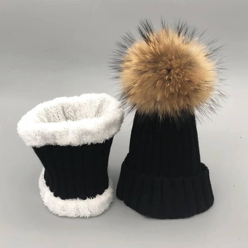 Conjunto infantil de forro de lã quente, bebê menino, meninas, crianças, 100% pele, pompom, Skullies, Gorros, Inverno, 2022