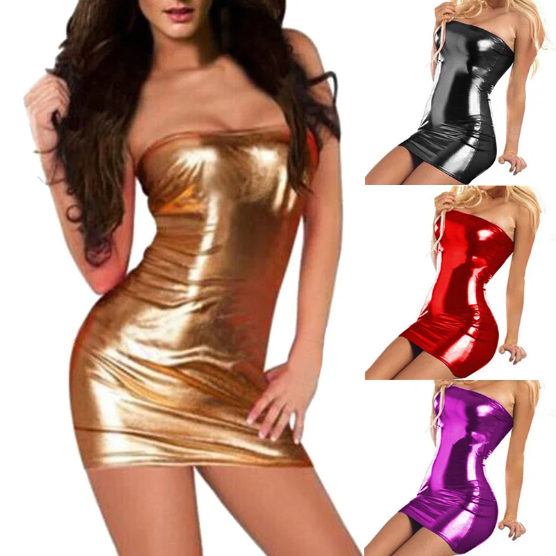 Fetish Latex Dress Women Sexy Lingerie Faux Leather Bodycon Tube Dress Hot Pole Dance Nightclub Costumes Uniforms