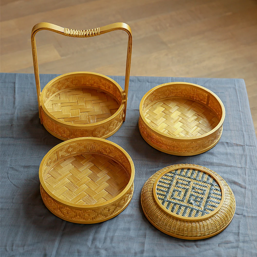 3 levels portable retro bamboo weave handheld basket for food cake dessert handmade tea set storage tray for home hotel teahouse