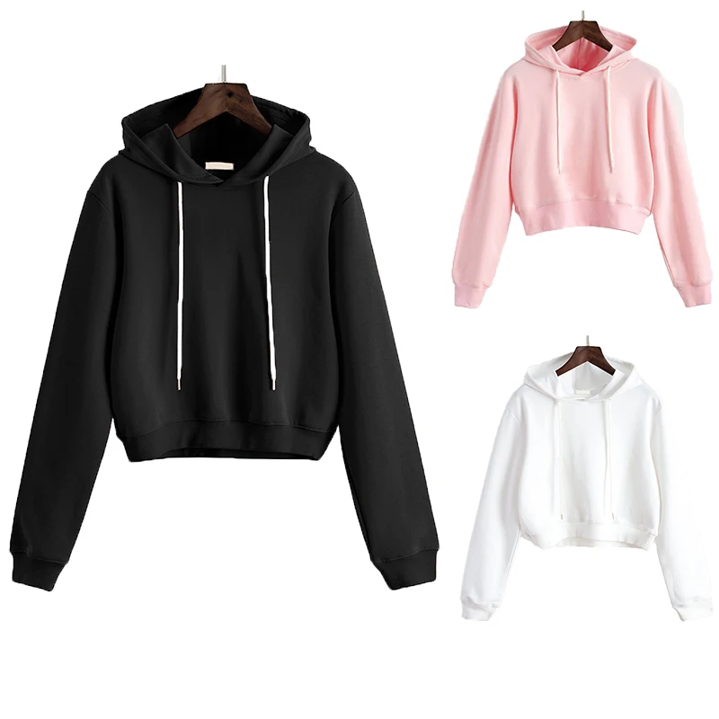 New Women Plain Hoodies Crop Top Solid Color Long Sleeve Ladies Hooded Pullover Summer Autumn Fashion Girl Sweatshirts Clothing