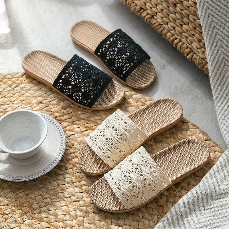 New Home Hollow Embroidery Women Slippers Home Lace Breathable Linen Slippers Ladies Flower Inside Beach Shoes Slides