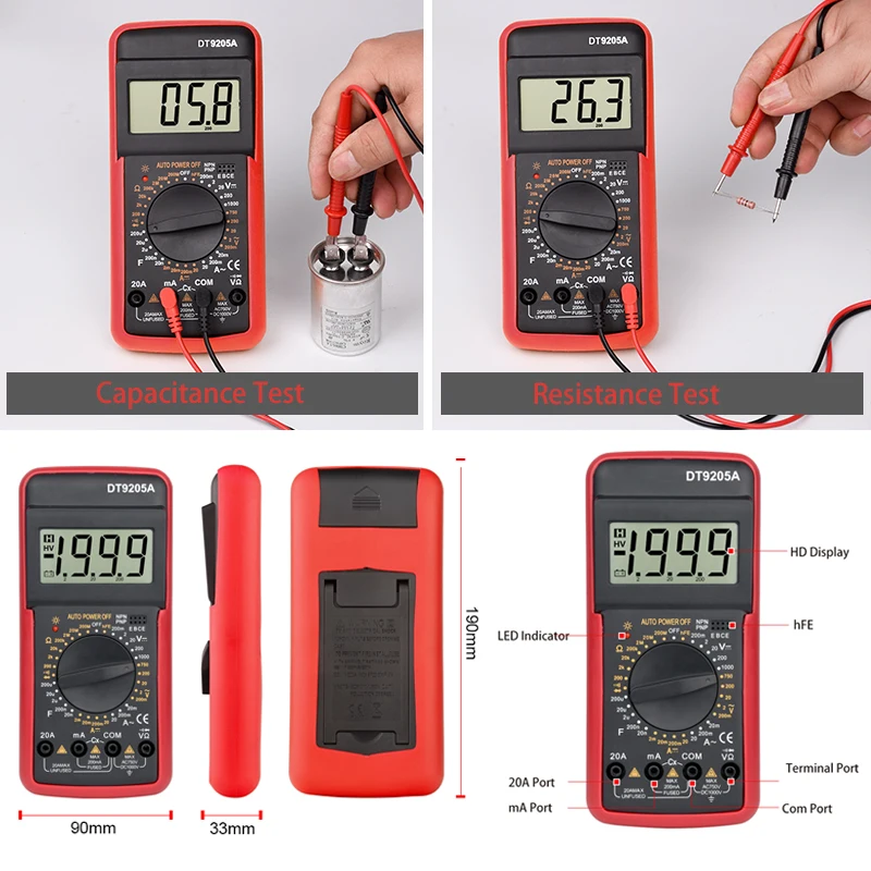 DT9205A Automotive Tester Multimeter Digital Professional Manual Range AC DC 1000V 20A Voltmeter Ohm Capacitance Tester Machine