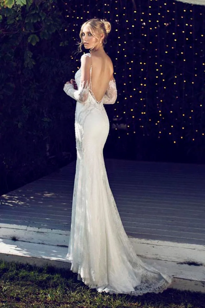 Robe de mariée sirène en dentelle à manches longues, en cristal, personnalisé, Sexy, dos nu, robes mère de la mariée, 2018