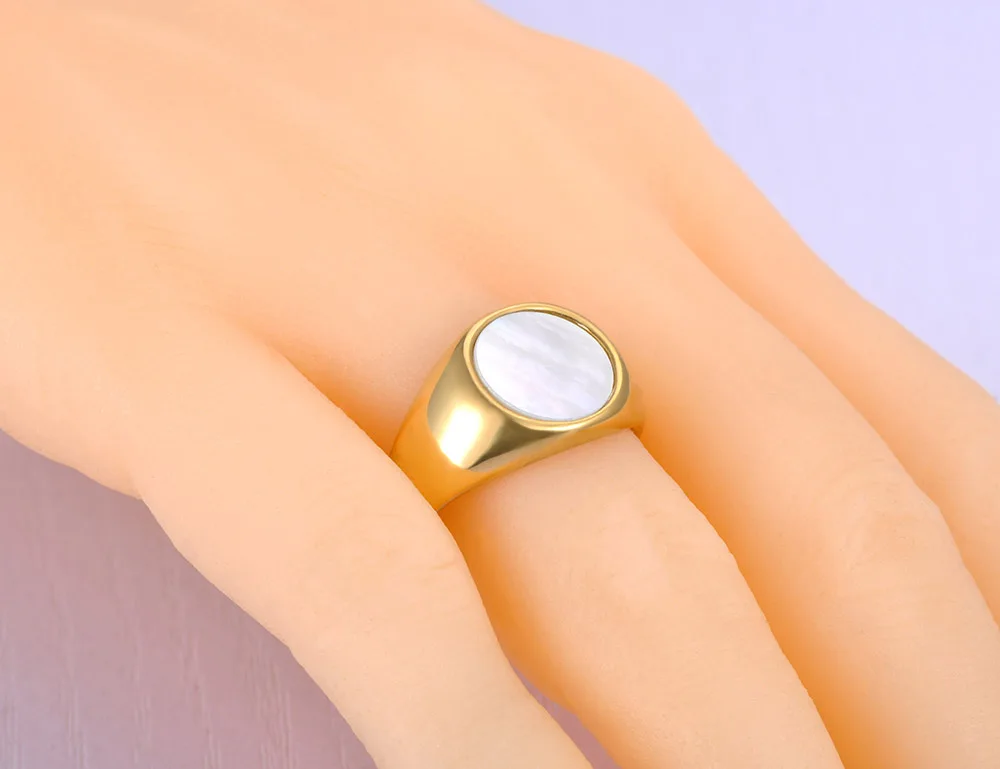 JeeMango Trendy Titanium Stainless Steel Fine Brand White Shell Rings Bridal Wedding Engagement Ring Jewelry For Women JR20069