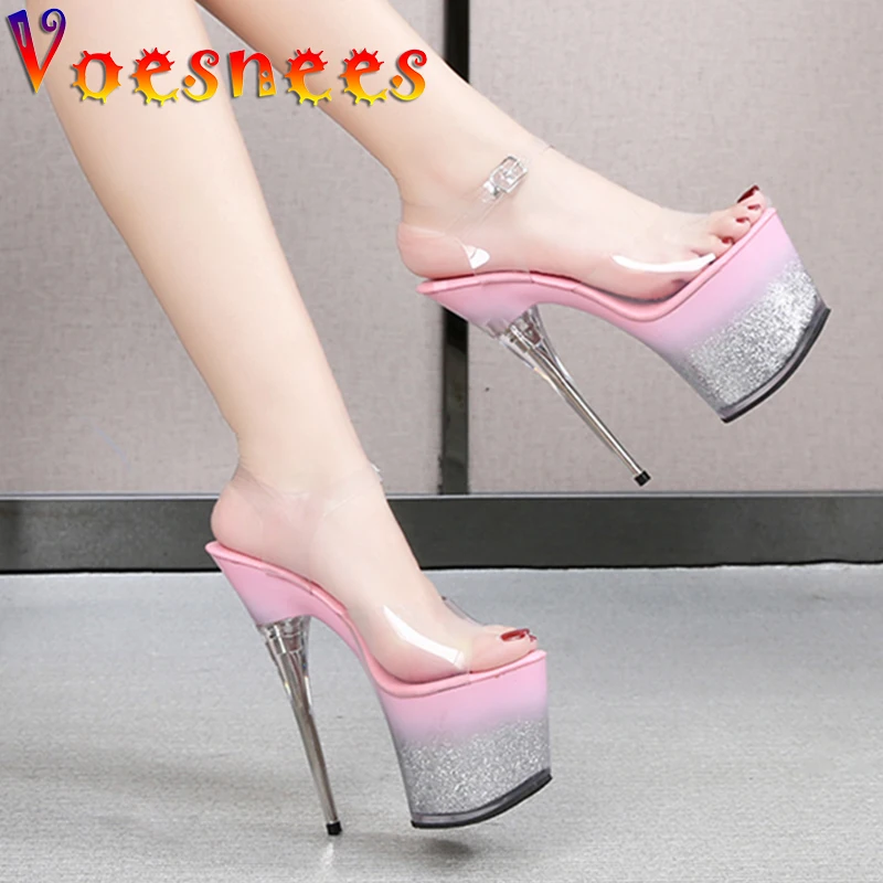 Voesnees Transparent Sandals Women 2021 New Brand Bling Stiletto Platform High Heels 17cm Fashion PVC Model Show Stripper Shoes