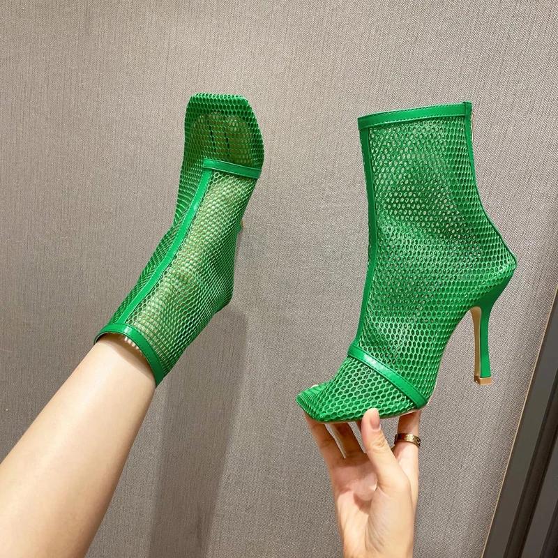 White High Heels Sexy Mesh Square Toe Hollow Out Back Zipper High-Top Summer Boots 10cm Green Fashion Show Women Shoes