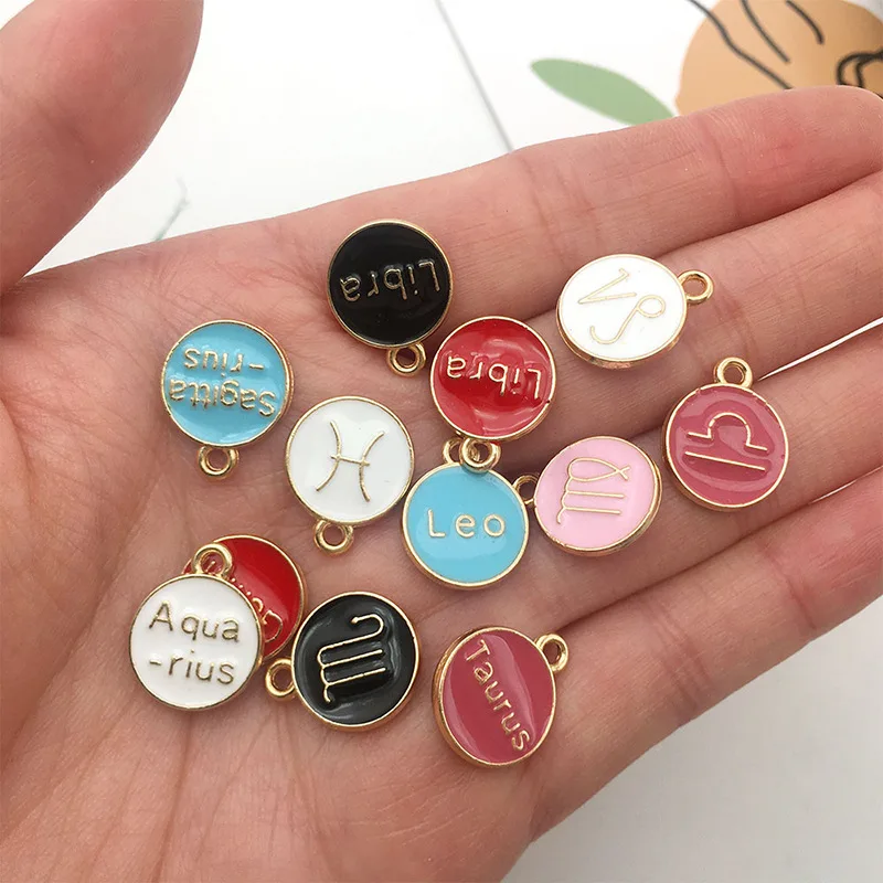 100pcs/lot DIY retro alloy jewelry accessories enamel twelve constellations charm drip oil multicolor color English pendant