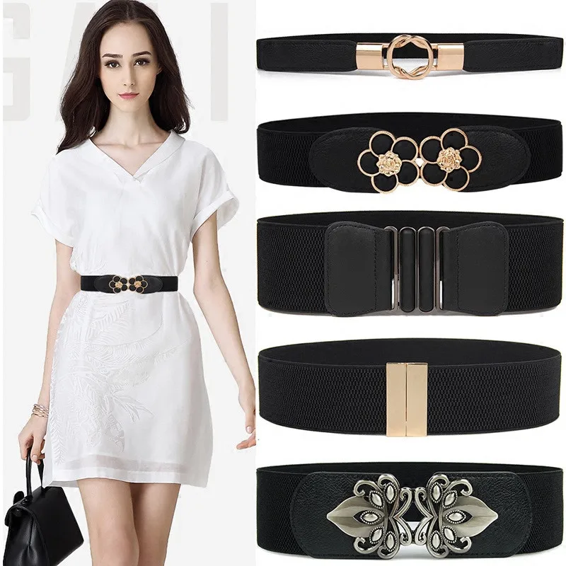 

Fashion Belts for Women Black Waist Elastic Ladies Band Round Buckle Decoration Coat Sweater Fashion Dress Rice White