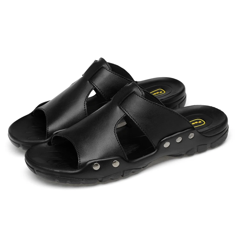 Men Slippers Leather Slides Summer Casual Shoes Plus Big Size 49 50 51 52 Black Slipper And Sandals Slip On Shoes