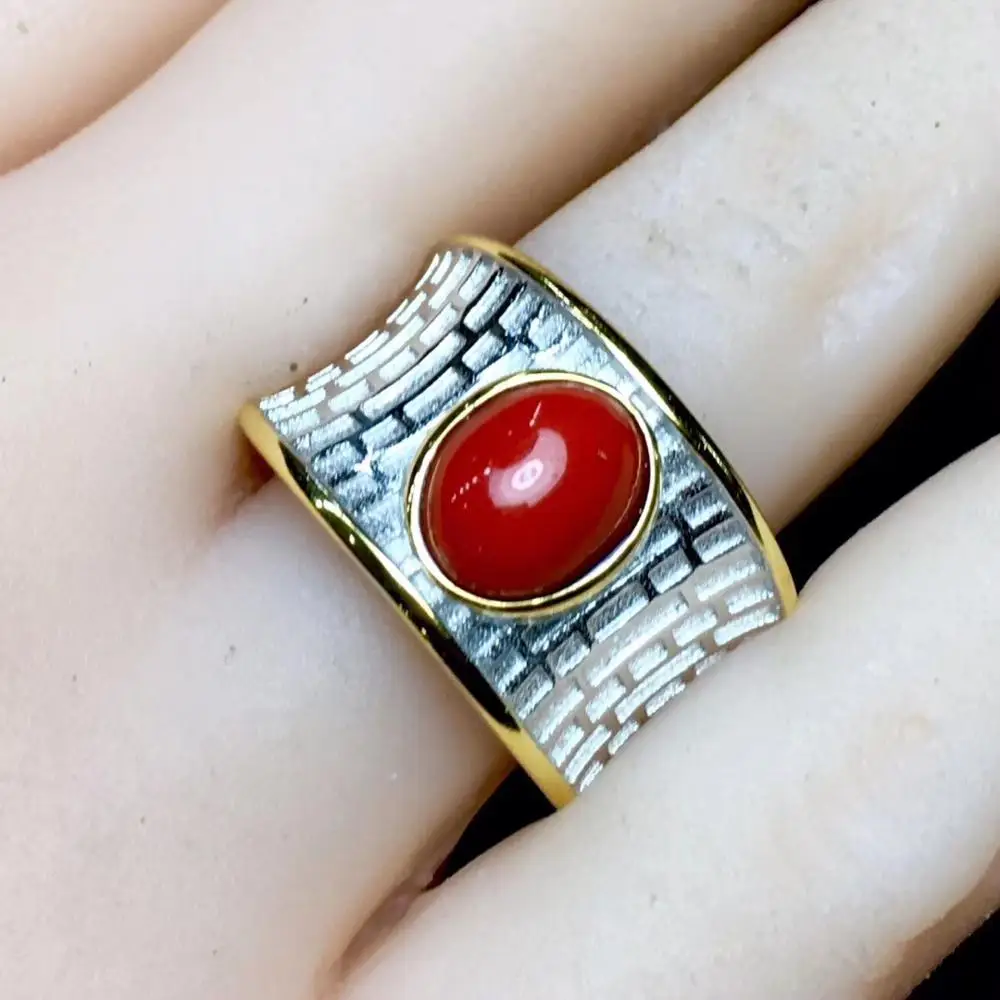 KJJEAXCMY-925 Sterling Silver Ring for Men and Women, Inlaid Natural Red Coral, Exquisite Support Detection, Fine Jewelry, New view 5