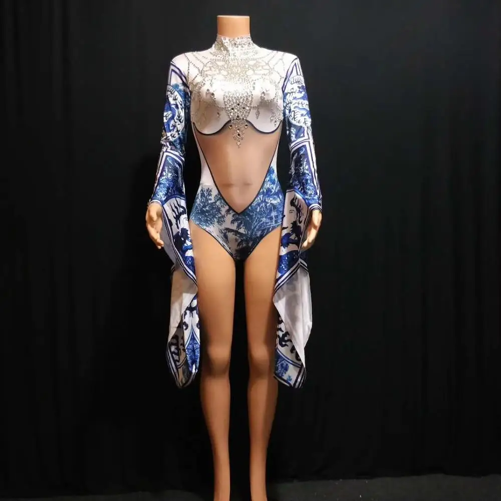 Female Chinese Style Printing Slim Long Sleeves Navel Exposed Acrobatics Stage Costumes Women's Dancing Performance Clothing