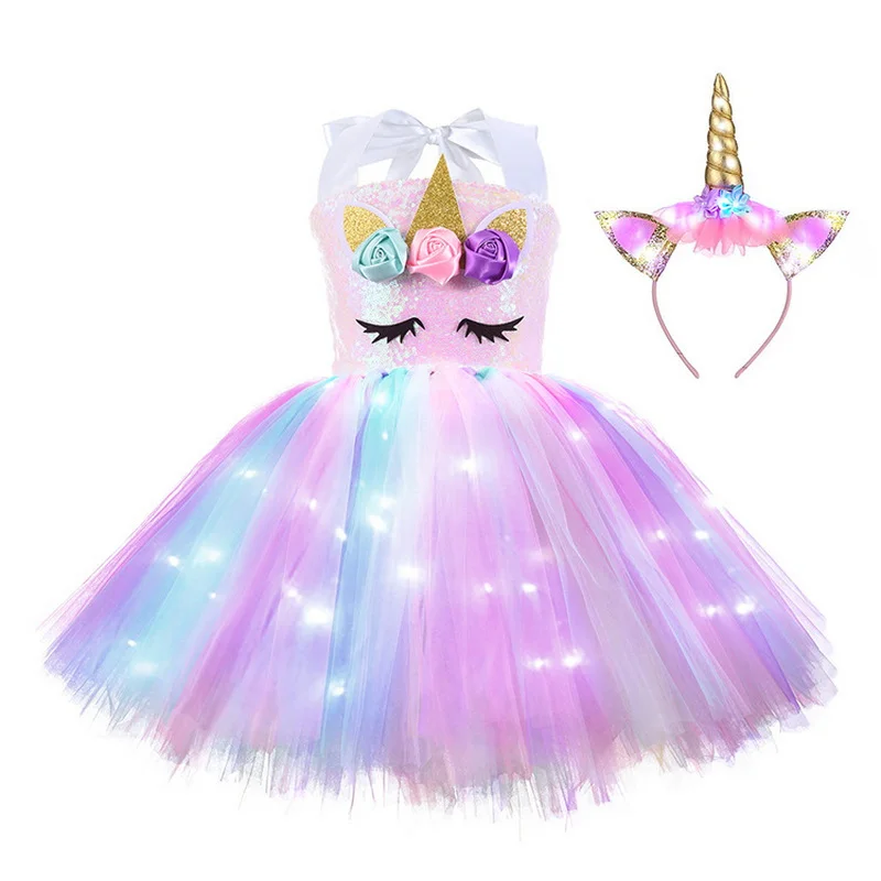 Child Birthday Party Glowing Unicorn Costume Girls Kids Sequin Rainbow LED Lights Tutu Dresses World Book Day Fancy Dress Up