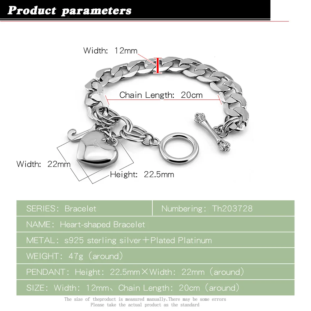 Vintage 925 Silver Curb Cuban Bracelet 12mm Bangle for Women with Hand Heart Charm Fashion Jewelry Accessory