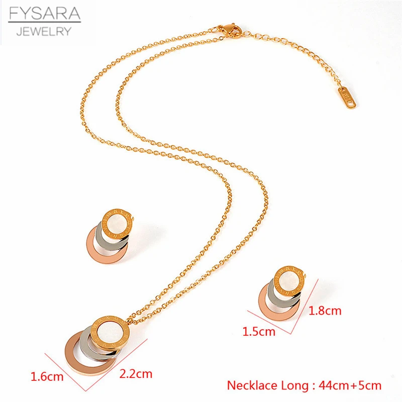 FYSARA Roman Numer Three Circels Earrings Short Necklace for Women Brand White Shell Black Jewelry Set Gold Color Wedding Gift