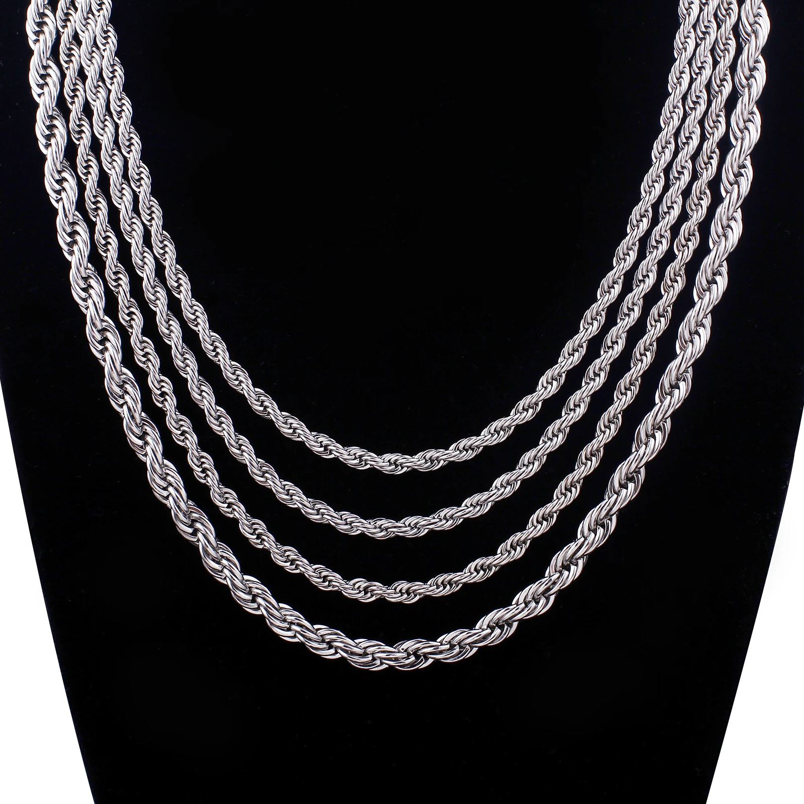 Fongten 2.5/3/4/6mm Twisted Chain Necklace For Men Women Stainless Steel DIY Choker Necklace Men Silver Color Hip Hop Jewelry