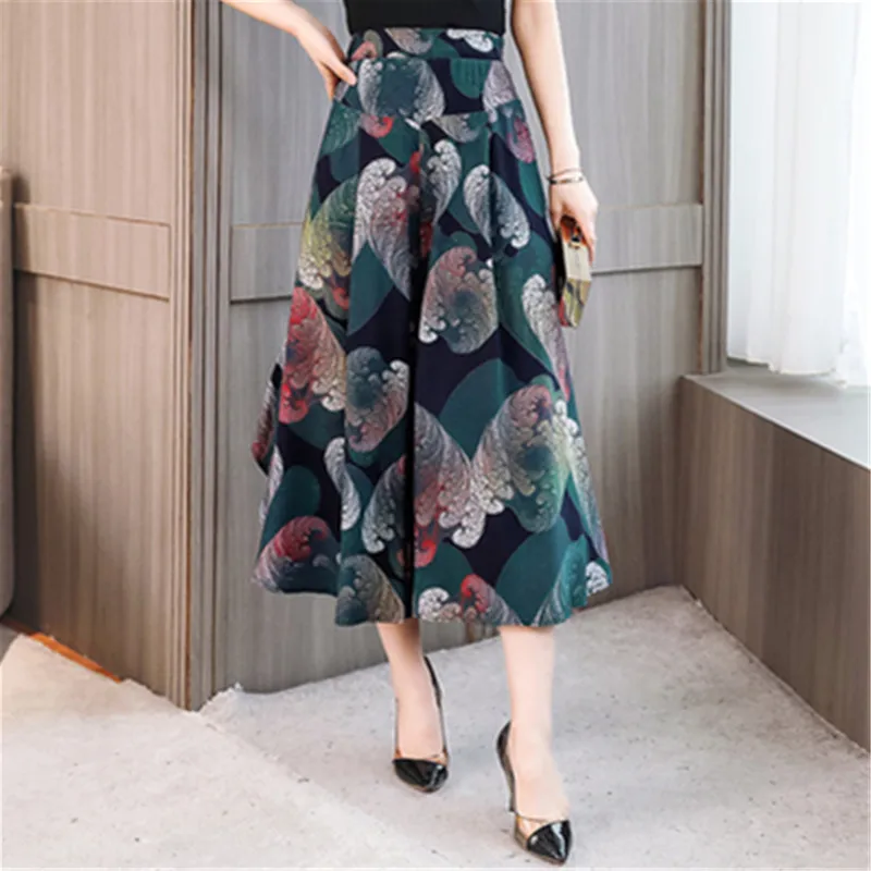 UHYTGF Fashion Summer Skirt Pants Women Elegant Mom High Waist Big Swing A-Line Thin Pants Vintage Printing Casual Trousers 1656