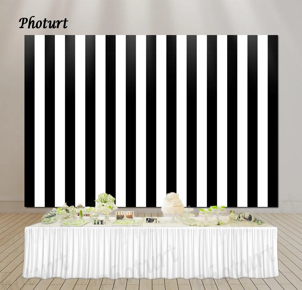 PHOTURT Black White Vertical Stripe Backdrop Birthday Party Wedding Photography Background Polyester Vinyl Studio Props