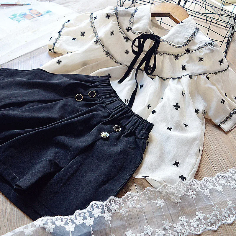 Summer Girls Clothing Sets Korean Version Cute Bow Tie Lapel Lace Short Sleeve + Shorts Two-Piece Suit New Children'S Clothes