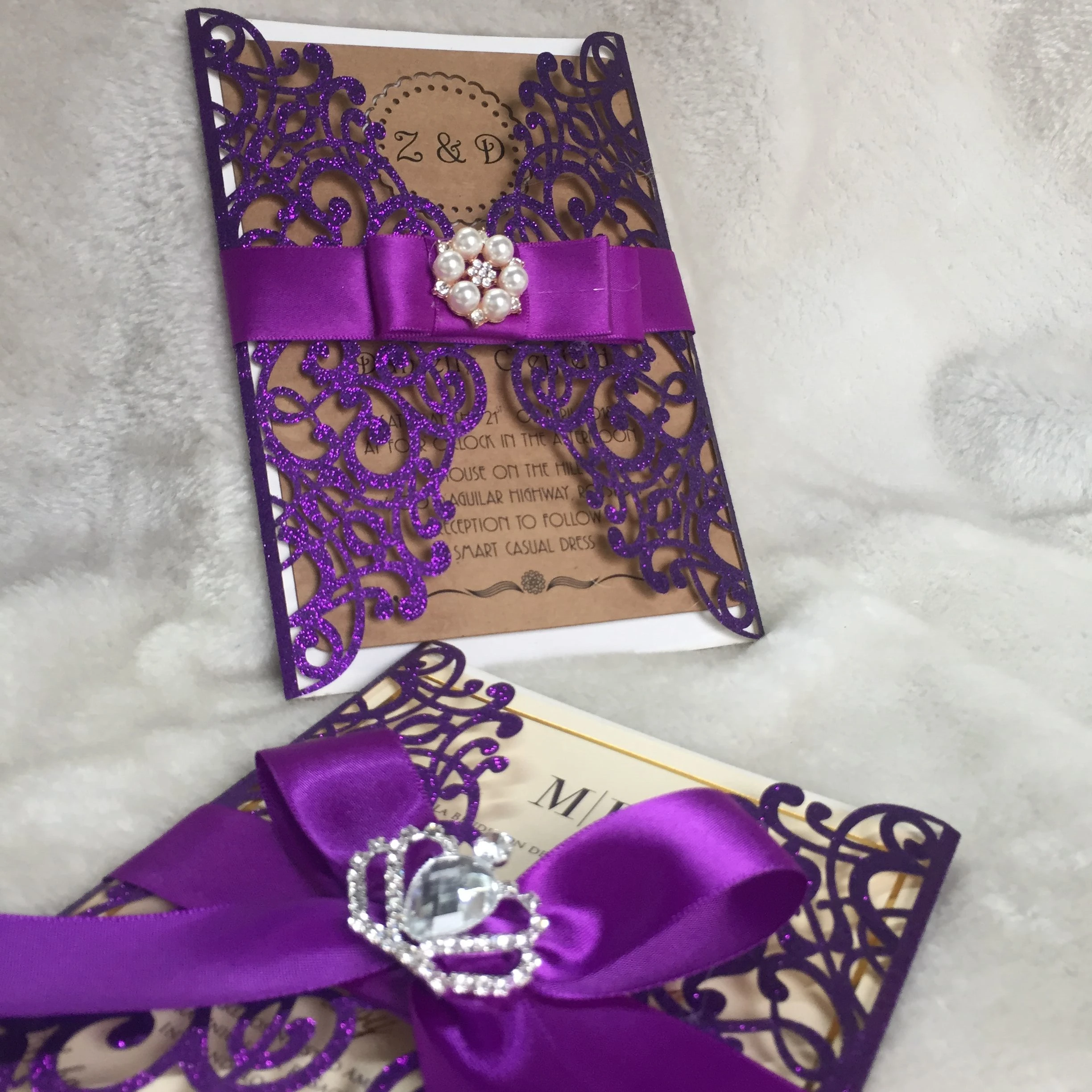 

Free Kraft Print 50set Inc263 Glitter Purple Laser Cut Wedding Invitations Card, Greet Card Personalize Custom Purple Bow Brooch