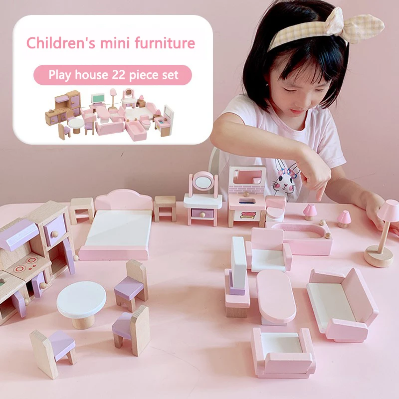 Children's play house toys wooden mini simulation bedroom kitchen living room exquisite furniture 22-piece girl gift