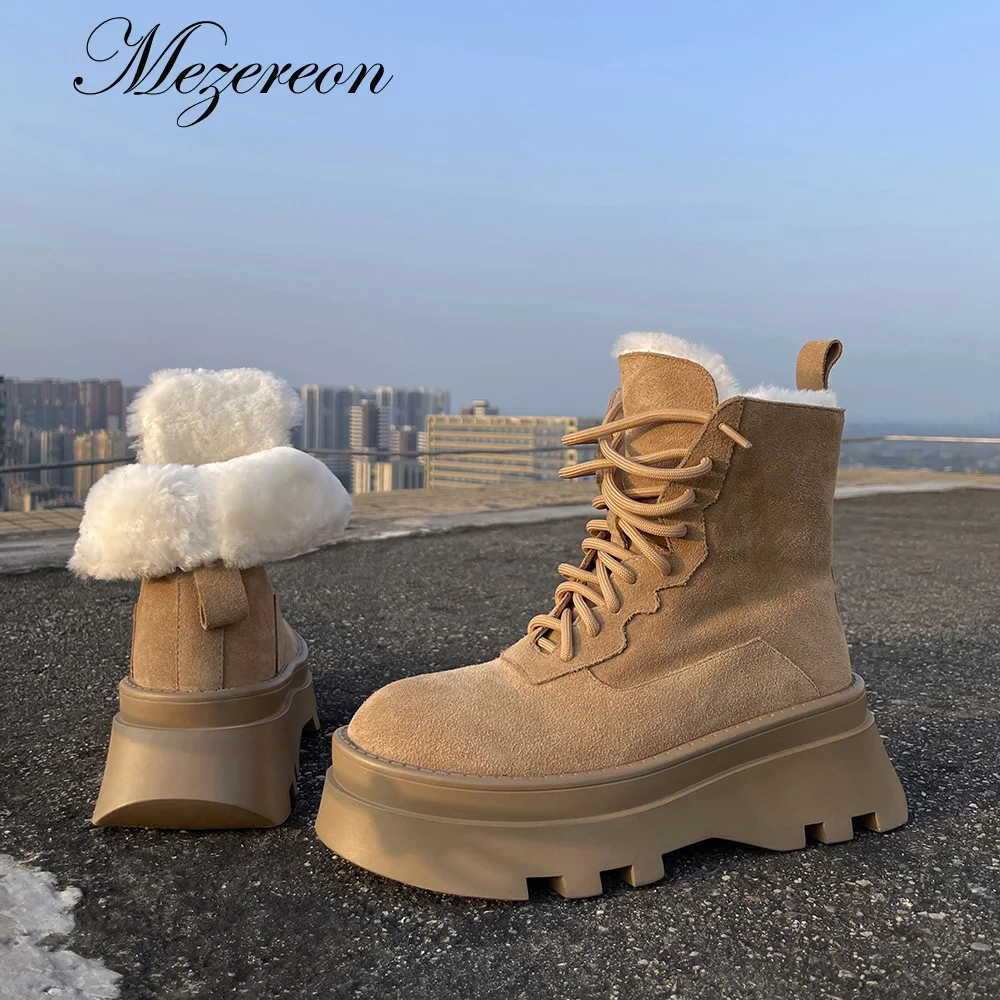 

2022 New Winter Genuine Leather Women Boots Fur Warm Boots Snow Boots Lace-up Platform Boots Black Brown Desert Boots Shoes
