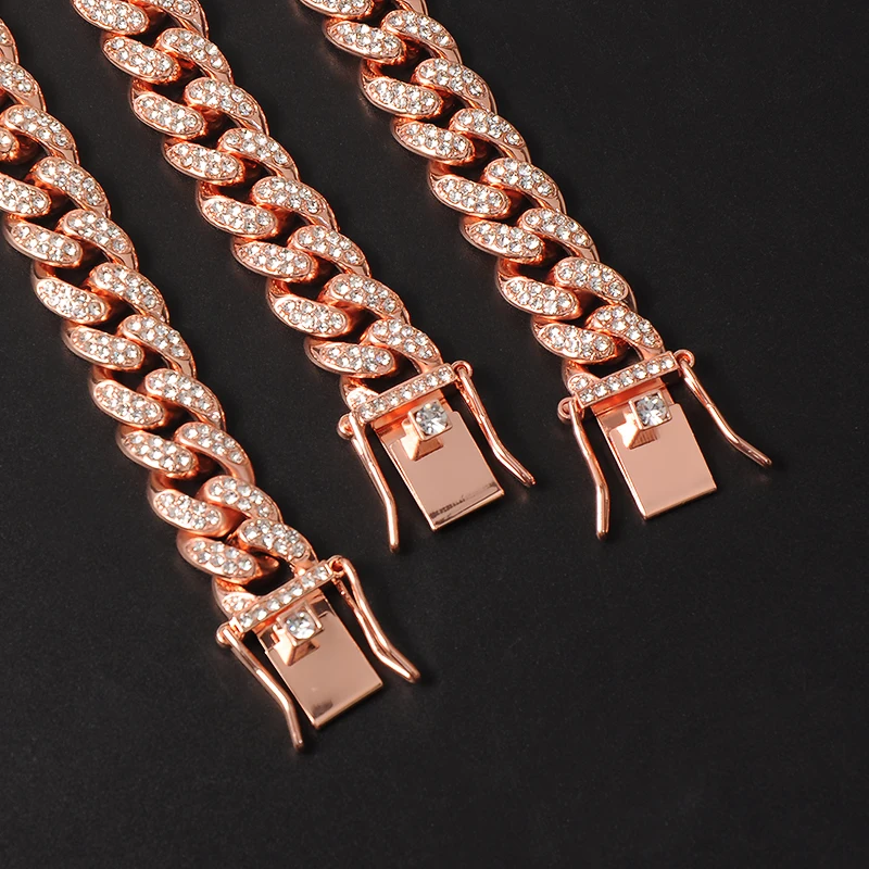 D&Z Hip Hop 13mm Rose Gold Color Cuban Link Chain For Men Iced Out Bling Rhinestone Chain Homme Fashion Jewelry