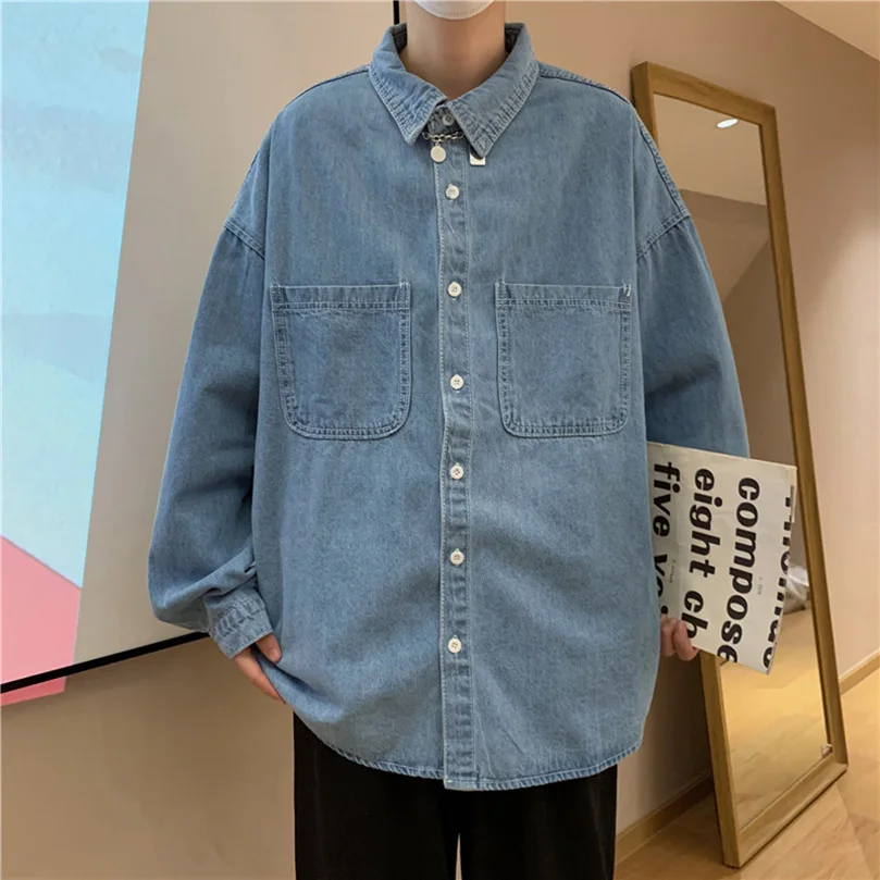 Denim Shirt Male Korean Style Trendy Oversize Shirt Jacket Varsity Spring Autumn Men\'s Blouses And Shirts Women Men\'s Clothing