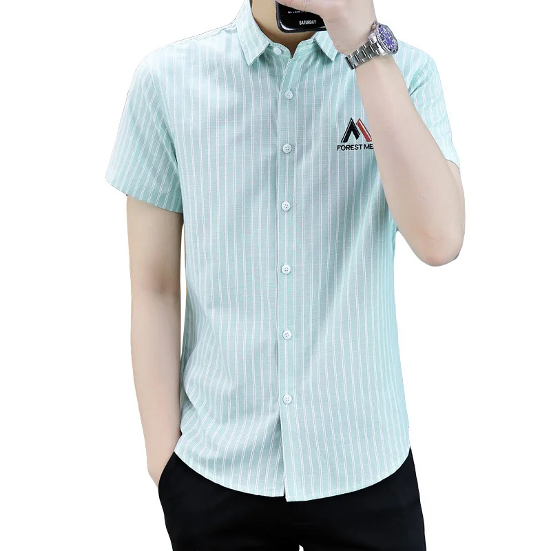 

Summer Shirt New Men's Fashion Casual Loose Stripe All-match Short Sleeve Button Youth Simplicity Thin Small Fresh Handsome