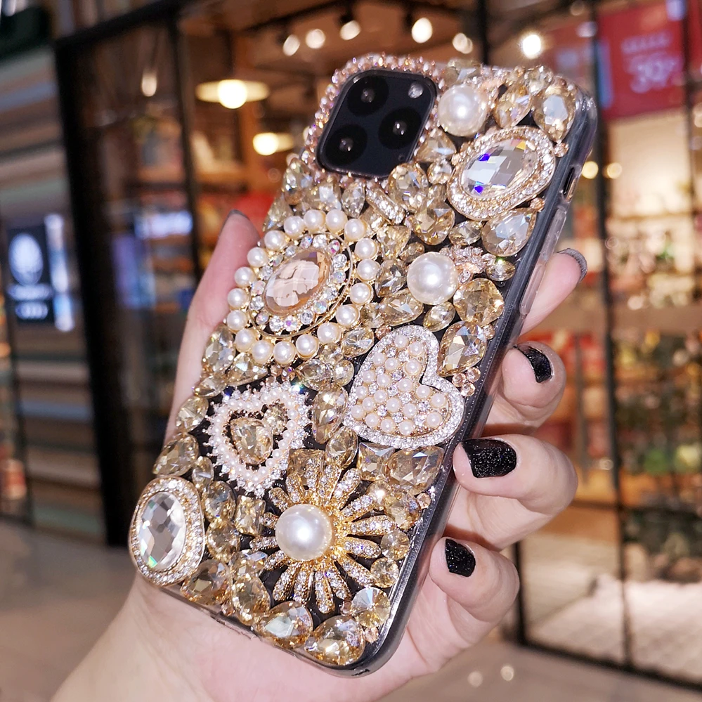 Bling Gold Crystal Pearl Diamond Gem Flower Case Cover For iPhone 15 14 13 12 Mini 11 Pro XS Max XR X 8 7 Plus SE Handmade Case