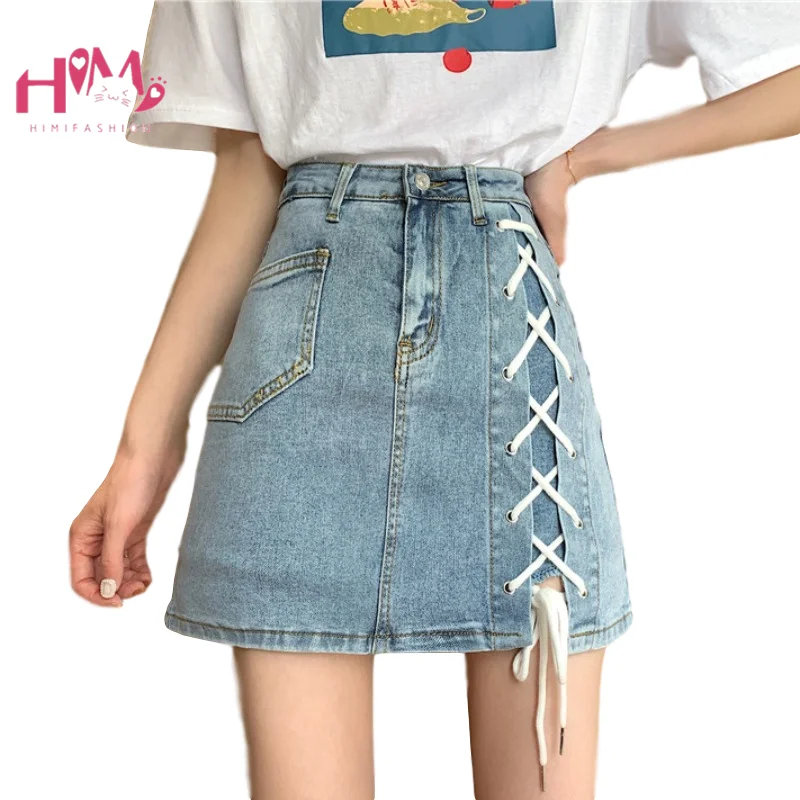 

Summer Korean Style Denim Mini Skirt Women High Waist Bandage Jeans Harajuku Streetwear Fashion Lace Up A Line Short Split Skirt