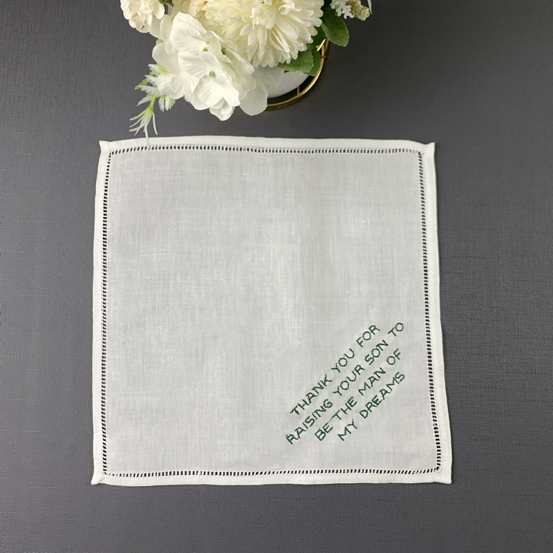 Conjunto de 12 moda lenço de casamento personalizado 10x10-inch linho hemstitch hankie para qualquer cerimônia de casamento ou evento especial