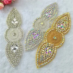 Rhinestone crystal Appliques patch iron on silver gold hand beaded applique for belt accessory sewn on wedding dress