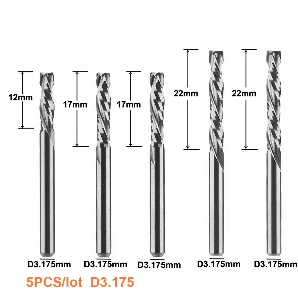 

5 шт./партия, 3,175 хвостовик, фрезерный станок с ЧПУ, 2 флейты, компрессионная спиральная фрезерный инструмент твердосплавный, деревообрабатывающая мельница