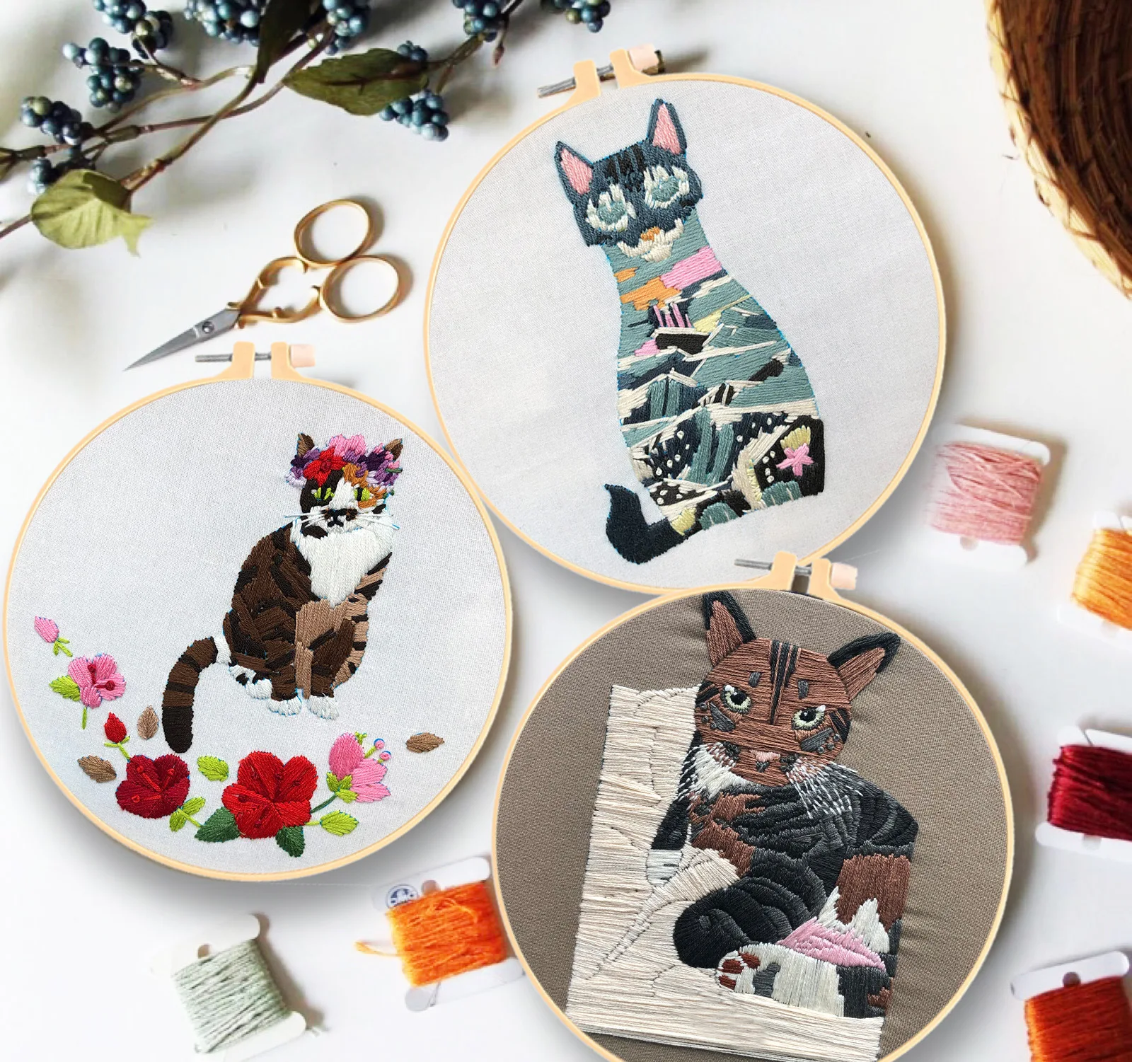 

Cute Cat Beginner Embroidery Kits Fabric Threads Material Bag Diy 3d Sewing Craft Kit Embroidered Paintings Wall Desktop Decor