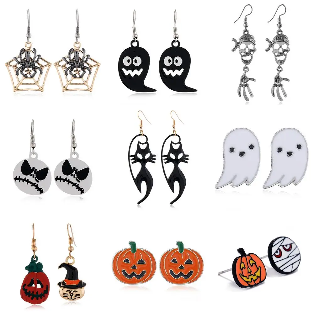 9pair/set Halloween Earring Jewelry Witch Hat Dangle Earring Bat Pumpkin Skull Spider Ghost Acrylic Earring Party