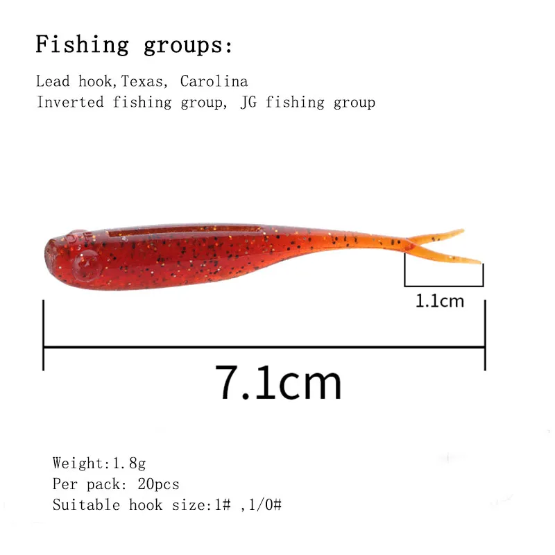 WATER SNIPER 71mm Fishing Soft Lure 20PCS Fork Tail Silicone Double Color Artificial Baits Jig Wobbler For Bass Pike Fishing